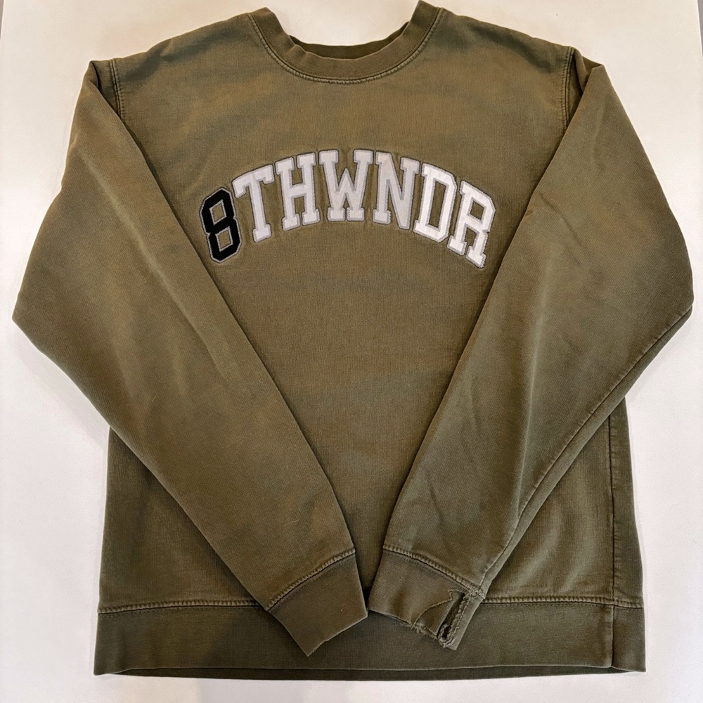 Small 8THWNDR Fade Arch Crewneck Sweatshirt in Khaki Green Grunge Boho Style